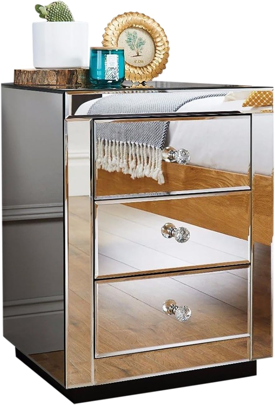 Furniturebox Italian Mirrored Nightstand - 3 Drawers Stunning Finish Bright Modern Bedside Table (the glass on the top is broken,  see the pictures)